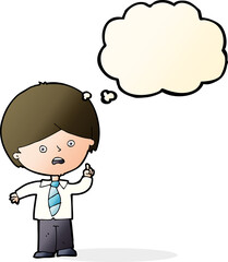 cartoon worried school boy raising hand with thought bubble