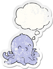 cartoon octopus and thought bubble as a distressed worn sticker