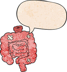 cartoon repaired intestines and speech bubble in retro texture style