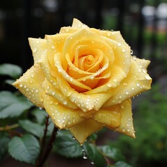 A stunning close-up image of a rain-kissed yellow rose surrounded by lush green foliage. The raindrops add to the beauty of the vibrant colors, making it a refreshing sight.