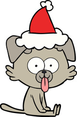 line drawing of a sitting dog with tongue sticking out wearing santa hat
