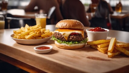 Hamburger with vegetables and tomato sauce on the restaurant table, French fries, dinner and lunch table, delicious fast food, American burger, unhealthy food, served with drinks, McDonald's bread,