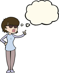 cartoon woman wearing spectacles with thought bubble