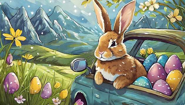 Der Osterhase ist auf dem Weg, er schaut mit herausgestrecktem Oberk&ouml;rper aus dem Fenster,  im Hintergrund eine Berglandschaft, Illustration