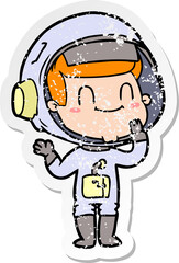 distressed sticker of a happy cartoon astronaut man