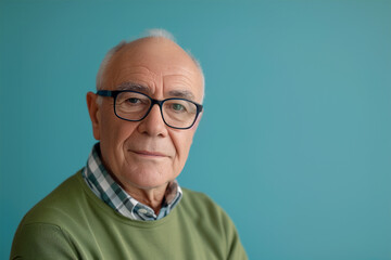 Photo of retired old man smile wear glasses green pullover isolated green color background. Photo of confident style senior man. Old handsome Caucasian