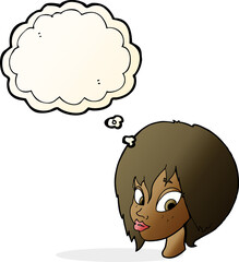 cartoon pretty female face pouting with thought bubble
