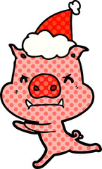 angry comic book style illustration of a pig wearing santa hat