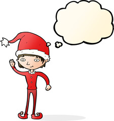 cartoon waving christmas elf with thought bubble