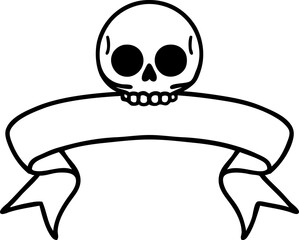 black linework tattoo with banner of a skull