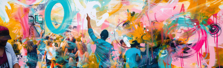Collage and mixed media banner of a summer music festival, combining concert photography with abstract, energetic brush strokes and patterns. - obrazy, fototapety, plakaty