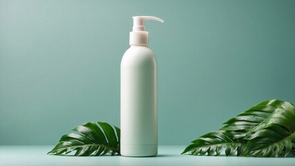 white cosmetic bottle with dispenser and palm leaves on the background, copy space for product placement or advertising banner