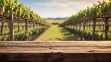 wooden table top on a vineyard background, copy space for product placement or advertising text - obrazy, fototapety, plakaty