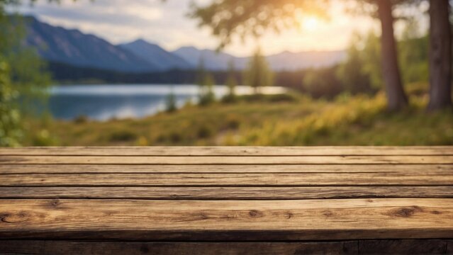 wooden table top on forest in mountains background, copy space for product placement or advertising banner