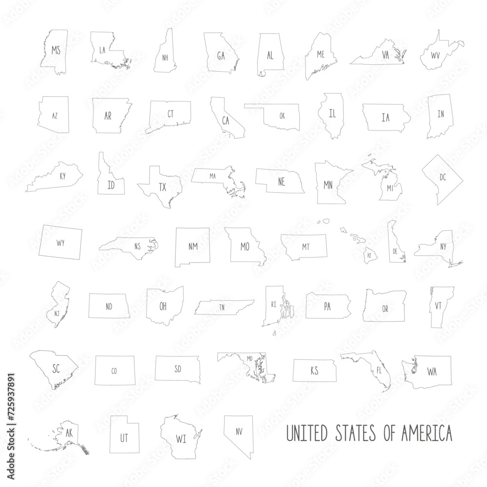 Sticker United States of America 50 states and 1 federal district. Set of US states maps. Contour icon.