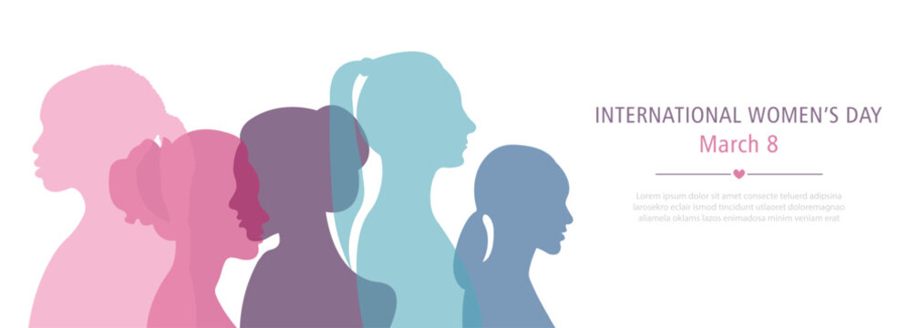 International Women's Day Banner. Silhouettes Of Women Of Different Nationalities Standing Side By Side.Vector Illustration.