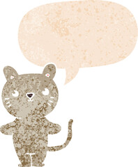 cartoon cat and speech bubble in retro textured style
