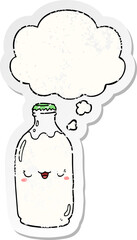 cute cartoon milk bottle and thought bubble as a distressed worn sticker