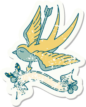 grunge sticker with banner of a swallow shot through with arrow
