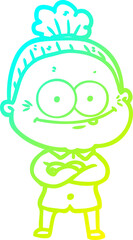 cold gradient line drawing cartoon happy old woman
