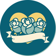tattoo style sticker of a heart and banner with flowers