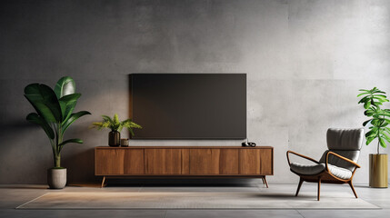 wall mounted tv and wooden cabinet with gray armchair