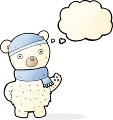 cartoon polar bear in winter hat and scarf with thought bubble