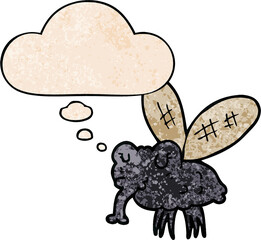 cartoon fly and thought bubble in grunge texture pattern style