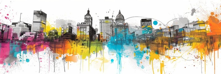 Urban cityscape banner, blending hand-drawn sketches of iconic buildings with vibrant, abstract color splashes representing the city's energy.