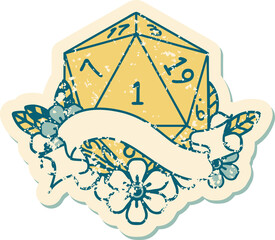 natural one d20 dice roll grunge sticker