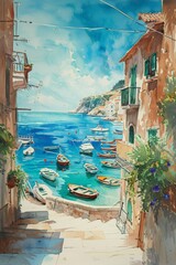 Watercolor banner of a Mediterranean coastal scene, with detailed boats, docks, and a fluid, dreamy sea transitioning into the sky.