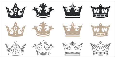 Gold Crowns Set - Set of gold crowns icons. Colors in gradients are global, so they can be changed easily. Each element is grouped individually for easy editing.