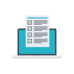 Online electronic documents on laptop vector illustration, flat cartoon paper document with signature on computer screen, concept of digital or internet office, on-line deal, web paperwork