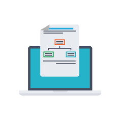 Online form survey on laptop vector illustration, flat cartoon computer showing long quiz exam paper sheet document icon, on-line questionnaire results, check list or internet test