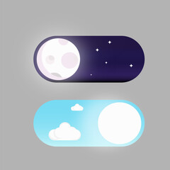 Vector On Off Switch. Day and Night Mode Switcher for Phone Screens. Toggle Element for Mobile App, Web Design, Animation. Light and Dark Buttons.