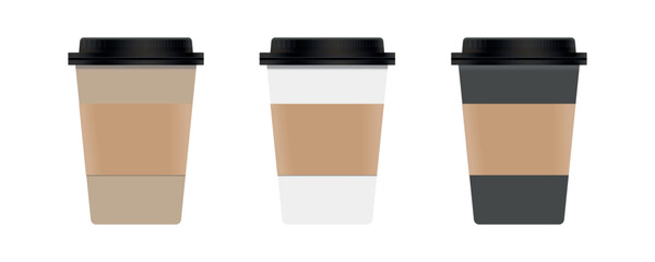 Top view of coffee cup. Espresso and latte or cappuccino in takeaway paper cups isolated vector professional different model coffe brand realistic package set