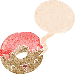 cute cartoon donut and speech bubble in retro textured style