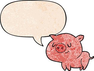 cute cartoon pig and speech bubble in retro texture style