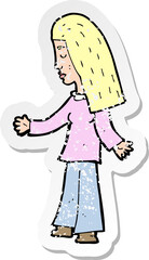 retro distressed sticker of a cartoon woman with open arms