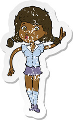 retro distressed sticker of a cartoon pretty woman with idea