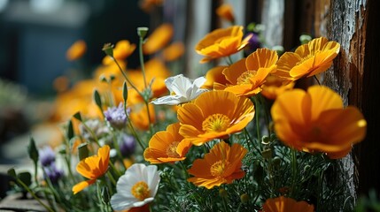 Orange and white flowers are growing in a garden. Generative AI.