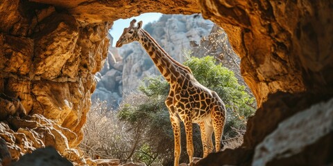A majestic giraffe explores a sandstone cave, revealing its distinctive patterned fur. Generative AI. - obrazy, fototapety, plakaty