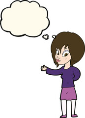 cartoon woman making welcome gesture with thought bubble