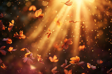 photo of falling petals backlit by the warm glow of the setting sun, creating a magical and ethereal atmosphere