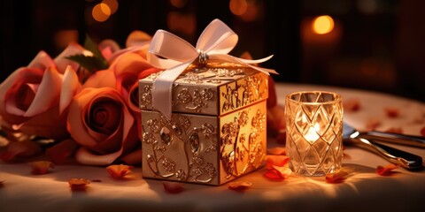 Fototapeta na wymiar Elegant golden gift box on a table in a restaurant. Holiday theme. Generative AI
