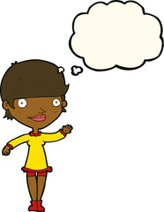 cartoon waving woman with thought bubble
