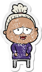 distressed sticker of a cartoon happy old lady