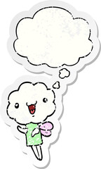 cute cartoon cloud head creature and thought bubble as a distressed worn sticker