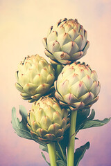 artichoke on the stalk on a green and purple background