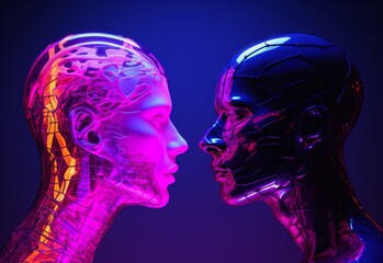 Artistic representation of a human and an AI face in profile, illuminated by neon lights, symbolizing the intersection of humanity and technology